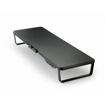 Ergonomic monitor riser with USB ports and phone holder on a desk