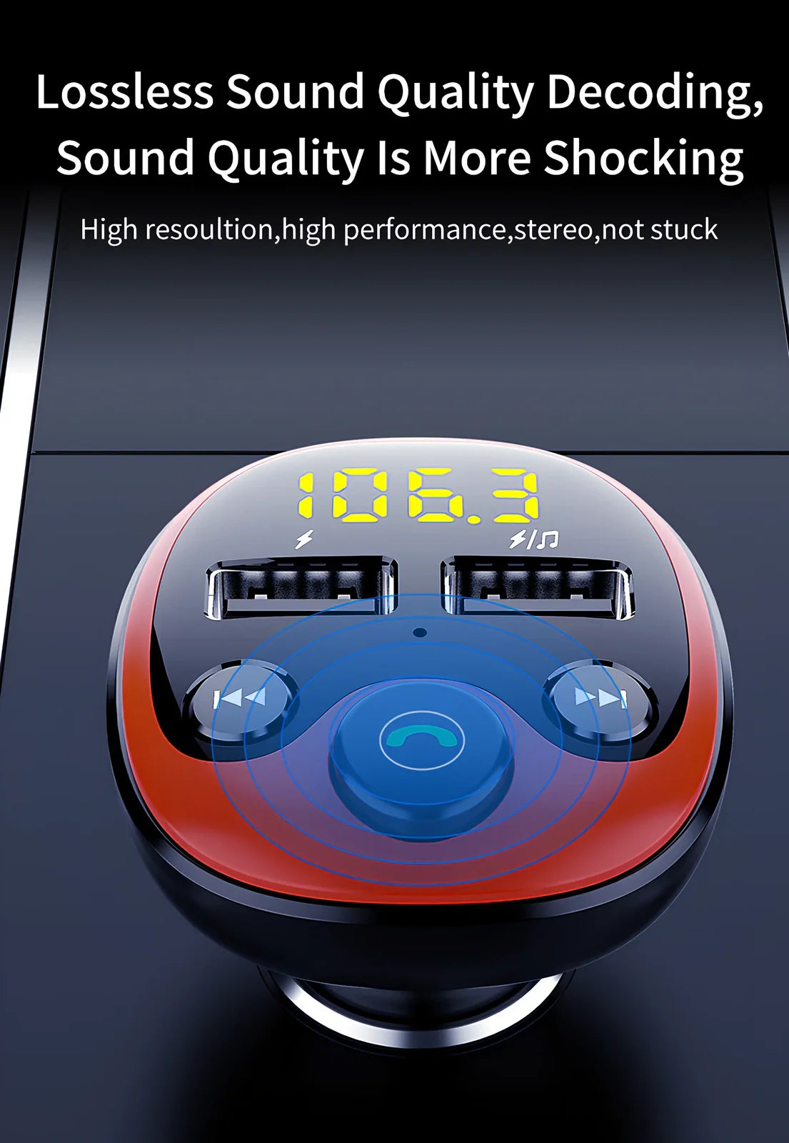 Black car MP3 player with orange LED screen, dual USB ports, 51x45x86mm size for FM transmission and Bluetooth audio