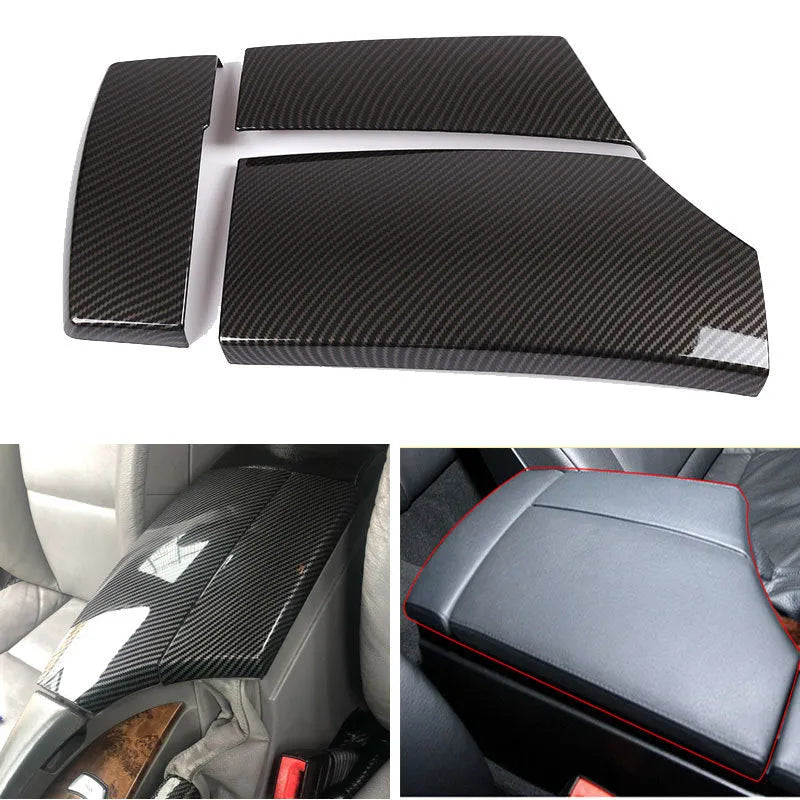 Three ABS armrest box protective covers with carbon fibre weave pattern showing polished surface