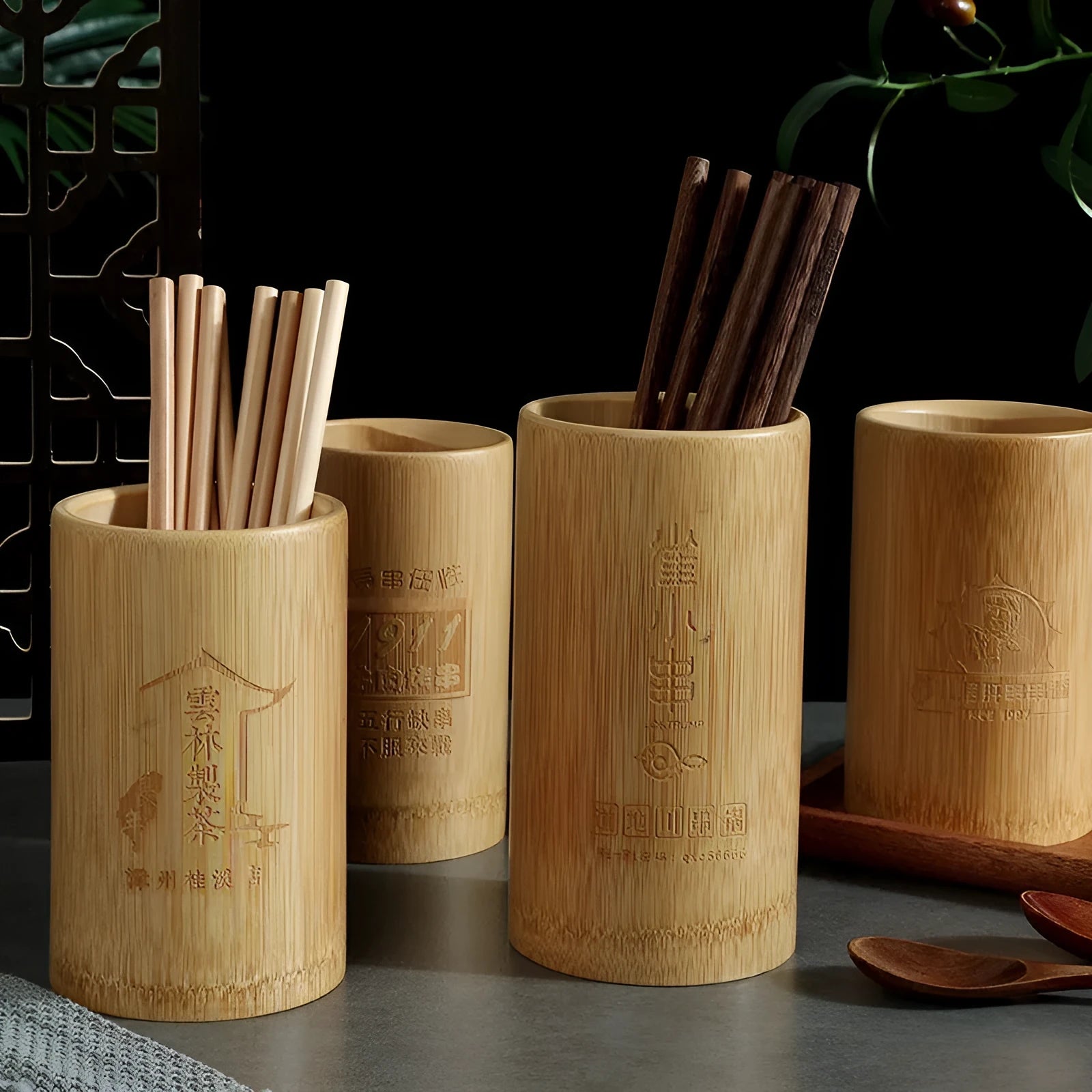 Wild bamboo chopsticks holder in a creative design for portable kitchen storage.