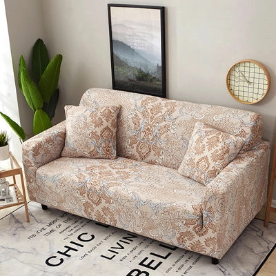 Printed stretchable sofa slipcover covering a three-seater sofa in a modern geometric pattern