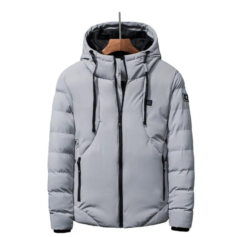 USB electric heated jacket for men women, grey colour, with zipper and hood, windproof nylon shell, outdoor winter coat