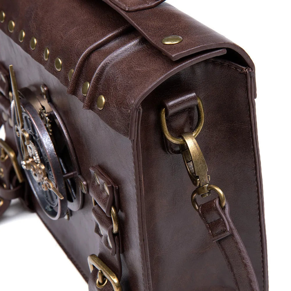 Bronze steampunk style square shoulder bag made of PU leather with metal hardware.