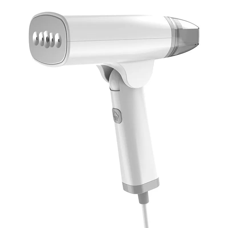 Blue and white handheld garment steamer with water tank and nozzle on a white background