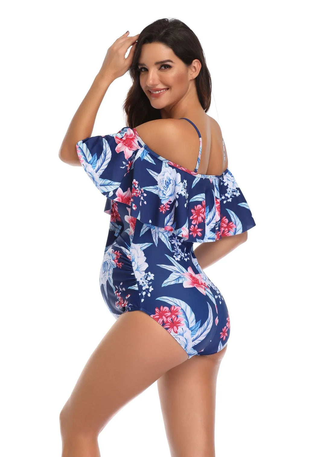 Blue printed polyester maternity swimsuit for pregnancy, available in sizes S to 4XL