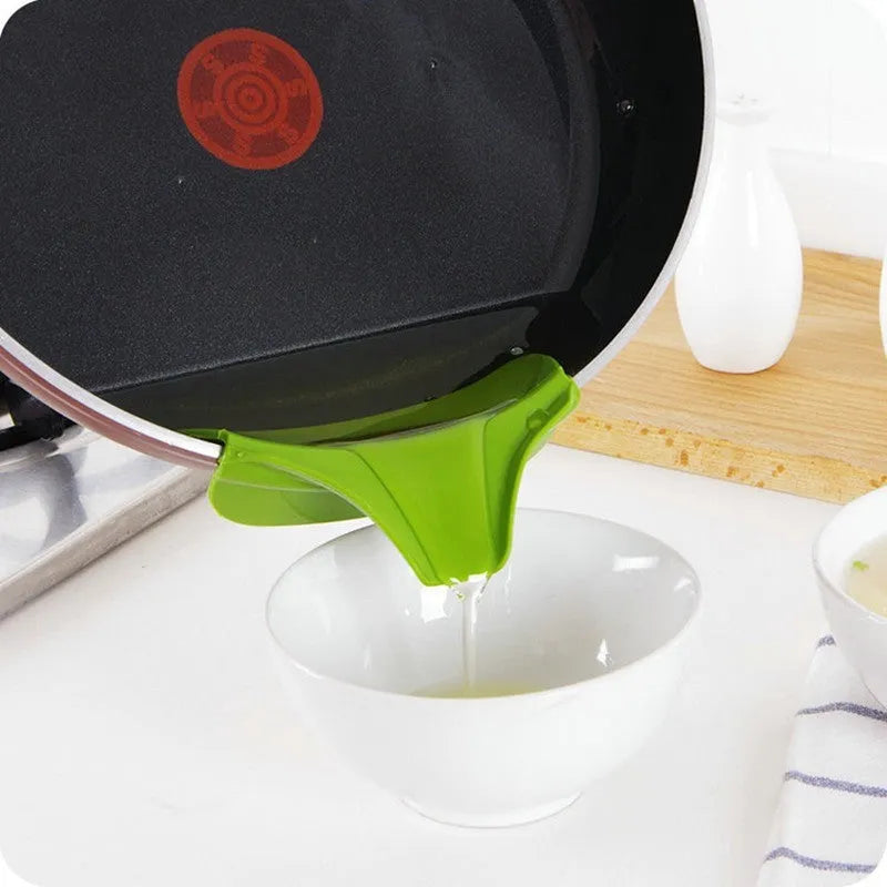 Green silicone clip-on soup funnel for kitchen use