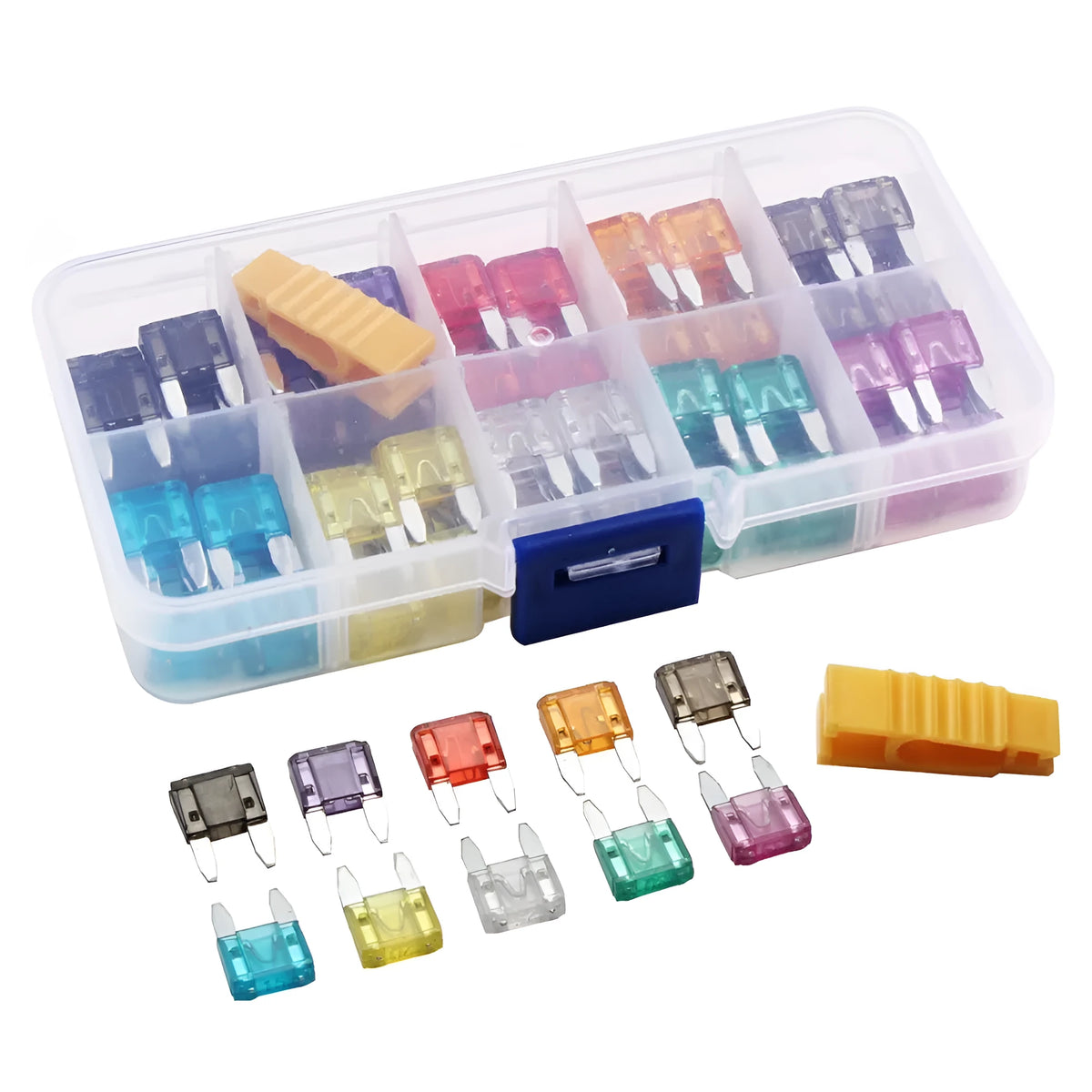 120 pieces of small car fuses in assorted colours with transparent housing for easy inspection