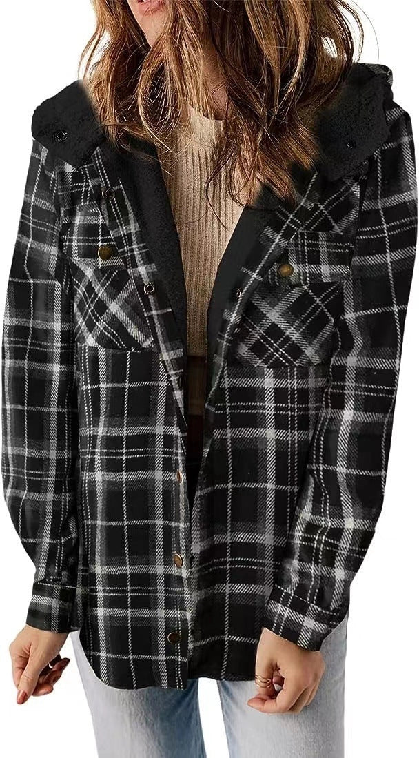 Casual plaid hooded woolen coat with fleece lining in various colours