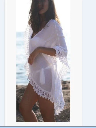 Women's white cotton beach bikini lace blouse with solid colour pattern