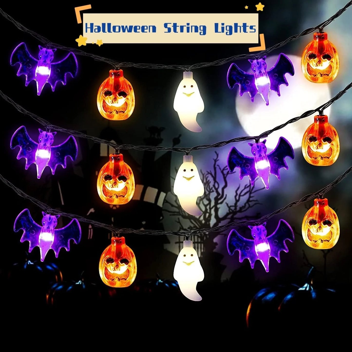 LED Halloween string lights with pumpkin, spider, bat, and skull designs in purple and green
