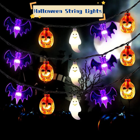 LED Halloween string lights with pumpkin, spider, bat, and skull designs in purple and green