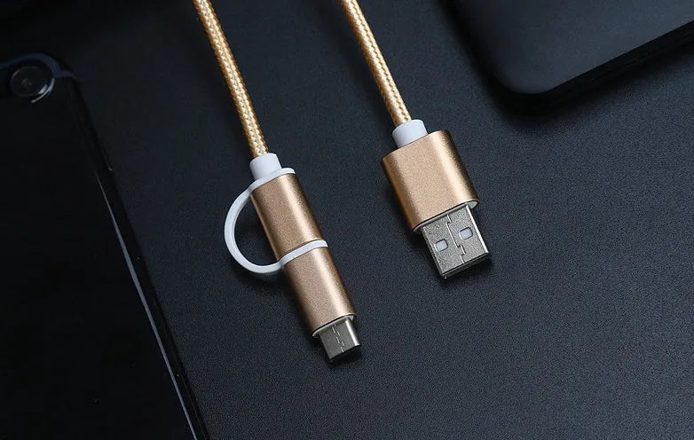 Black 2-in-1 USB Type C Micro USB braided fast charging data cable 1 metre aluminium alloy connectors