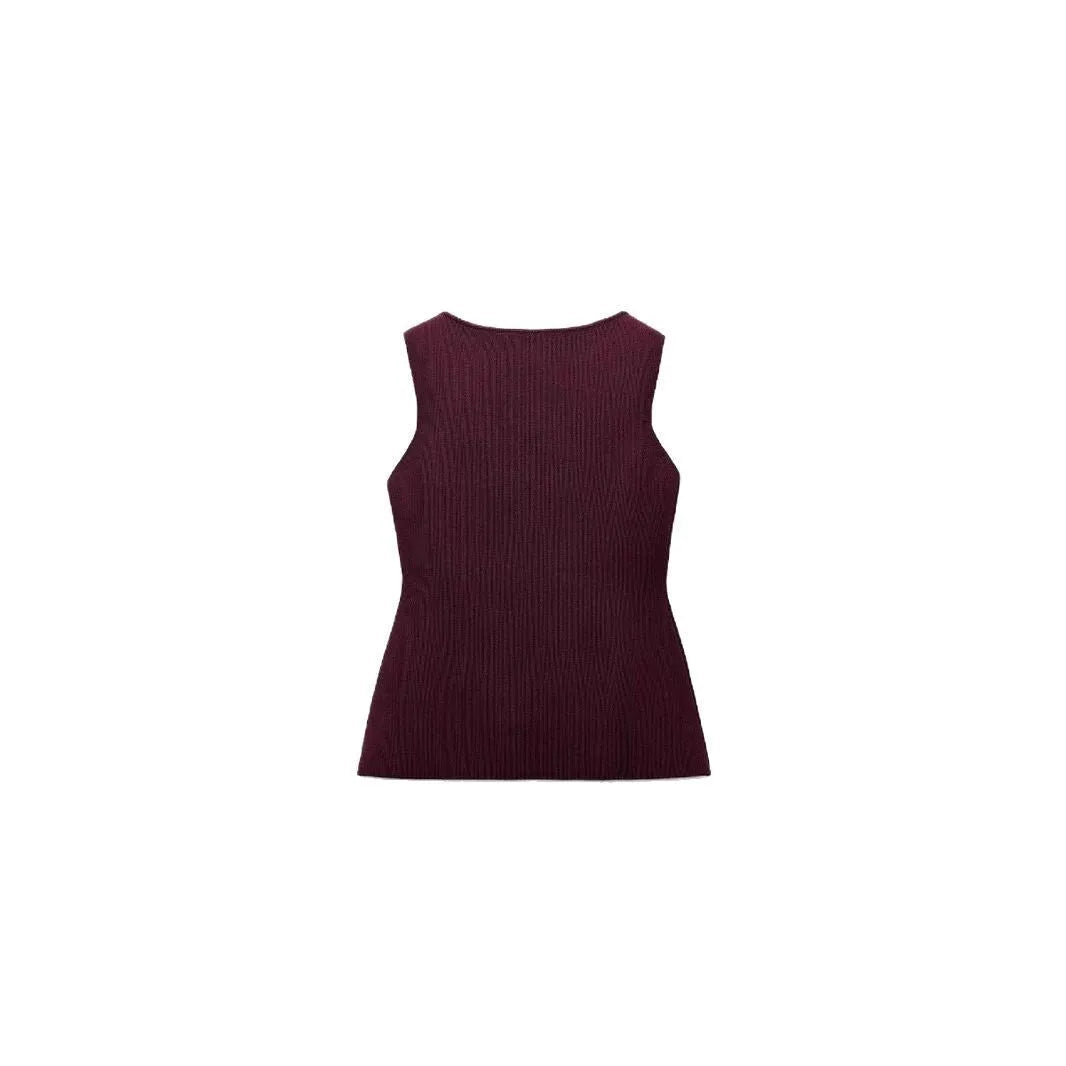 Women's dark red viscose vest with gold buttons and 3D pattern texture
