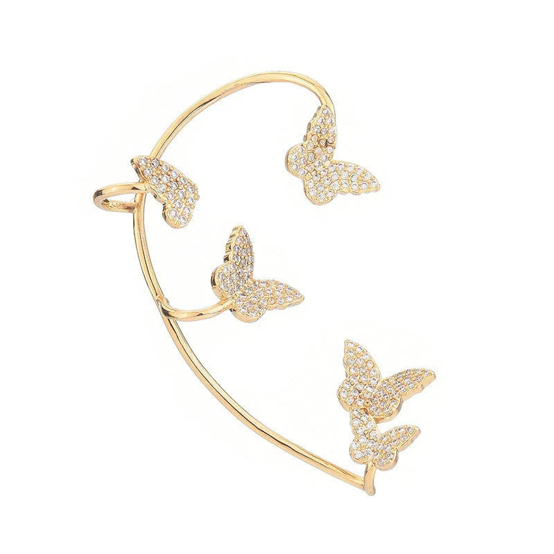 Sparkling butterfly-shaped ear cuffs with zircon stones, designed for fashionable jewelry without piercing