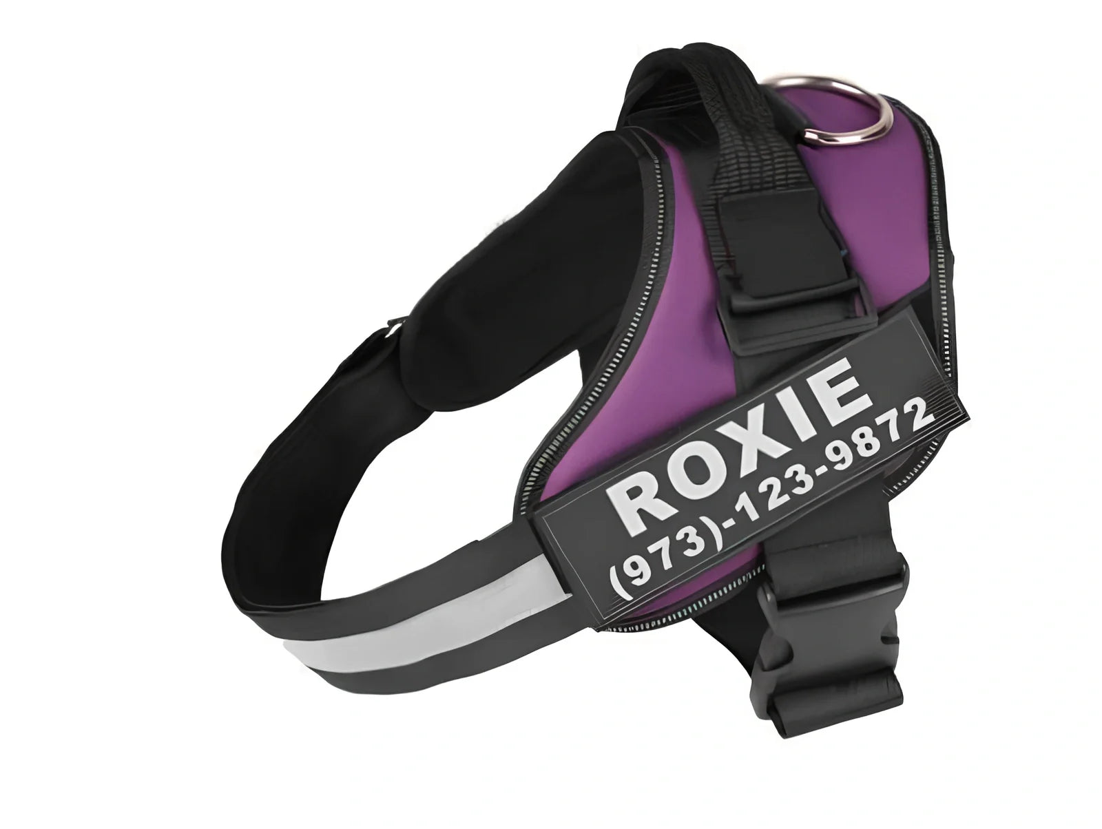 Adjustable reflective dog harness with top handle and metal D-ring for leash attachment