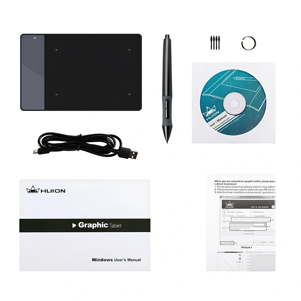 HUION 420 black graphics tablet with stylus, 176x115x7.5mm size, 2048 pressure levels for drawing.