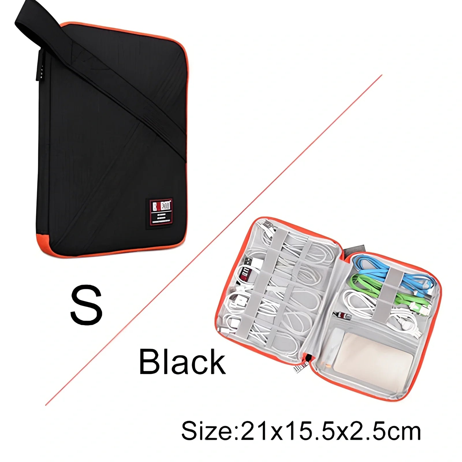 BUBM double-layer XL travel cable organizer in black, with compartments for USB, phone, charger, iPad cables, 25cm x 15cm x 10cm
