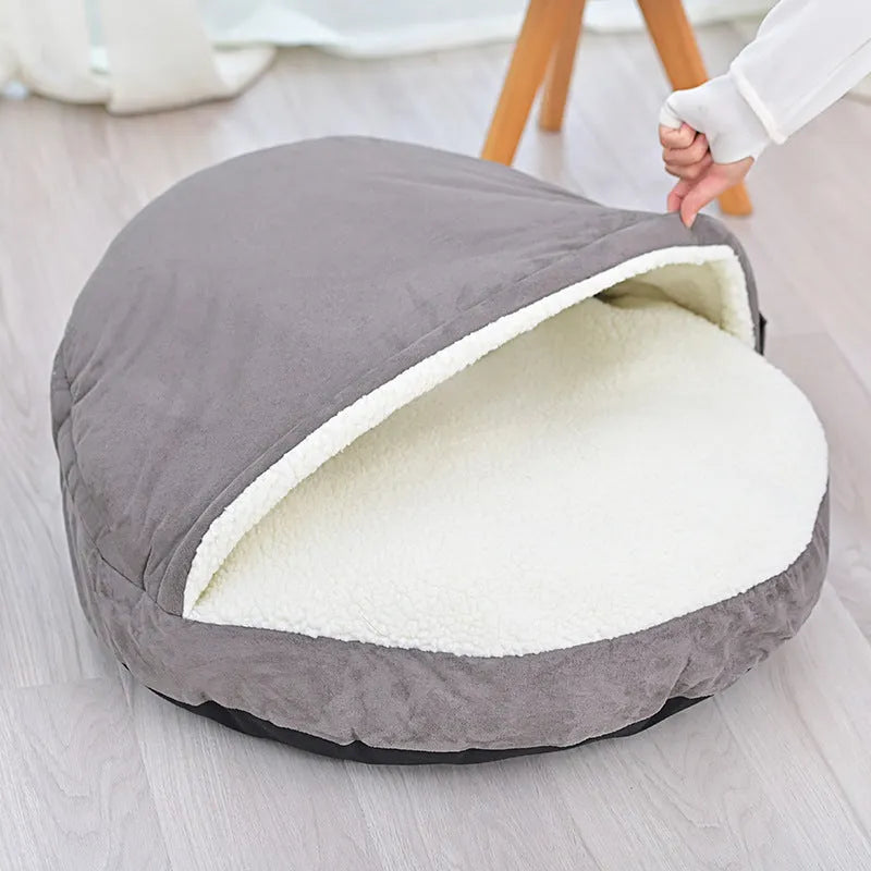 Brown removable cloth dog kennel, size M, shown as an indoor pet bed.