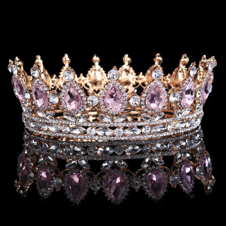 Baroque bridal crown headdress with rhinestones, alloy construction, 12.5cm diameter, gold finish
