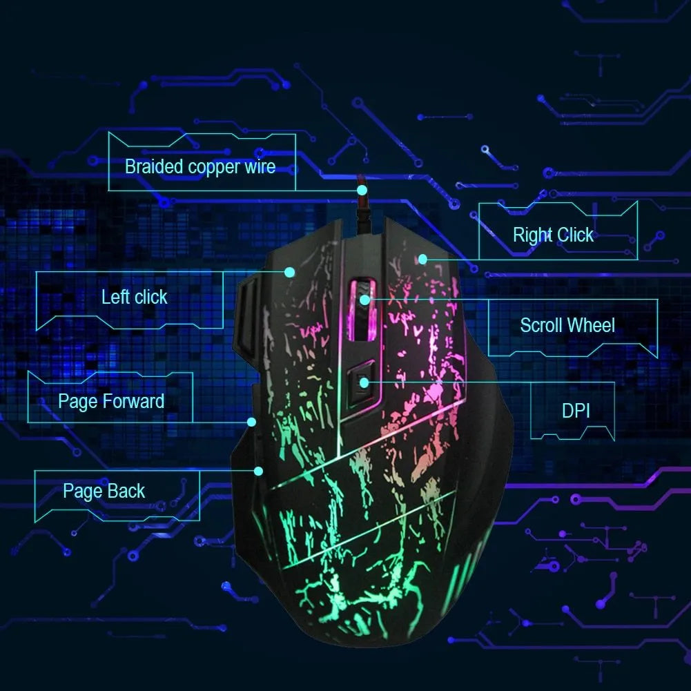 Black wired optical gaming mouse with ultra-thin transparent shell and luminous LED, 7 buttons, 1.5m USB cable