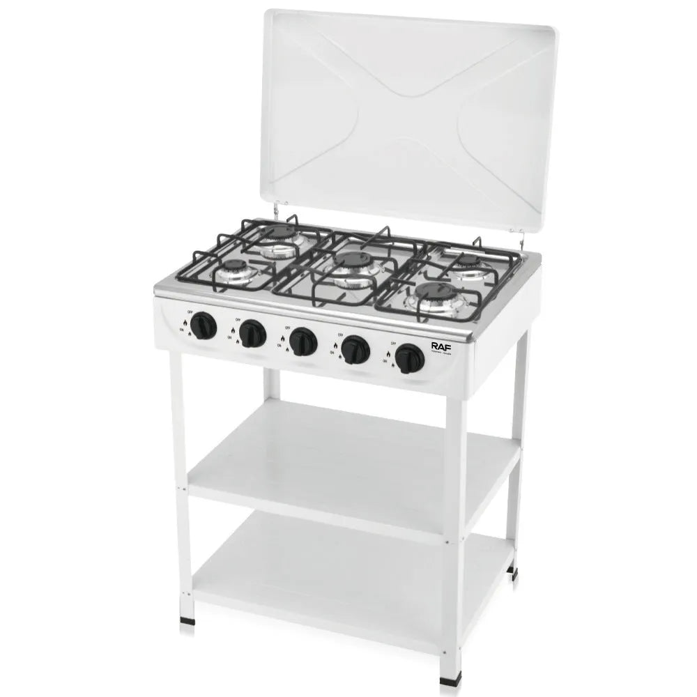 European-style vertical split stove gas cooker with metal rack on white background