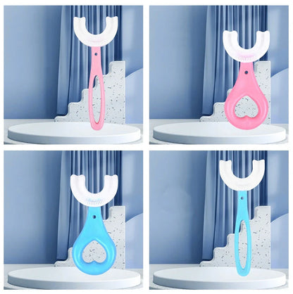 U-shaped children's soft rubber toothbrush in various colors including pink, blue, and long options