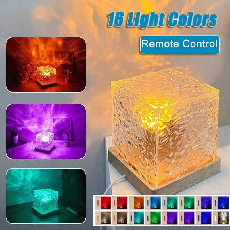 Water Ripple LED Lamp with 16 color options, dimmable function, and compact modern design for soothing ambiance in the home