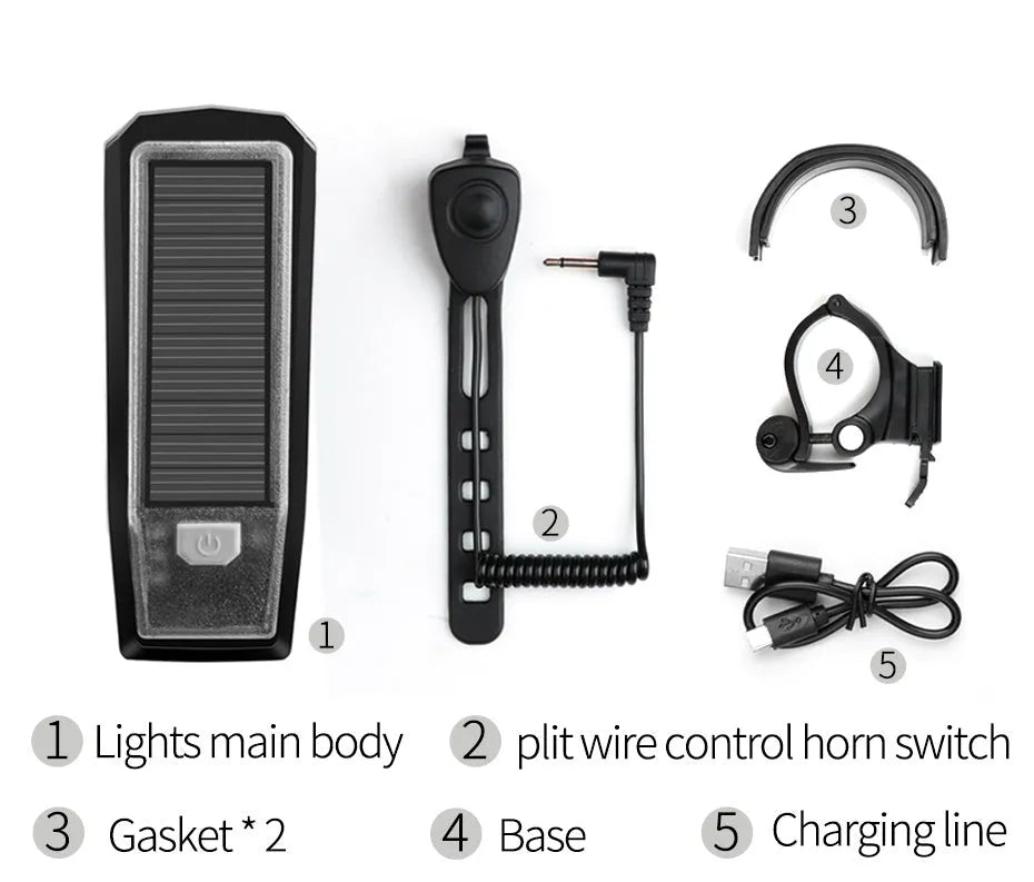 Solar horn light in black red with T6 lamp beads and 120dB speaker, 107x40x35mm