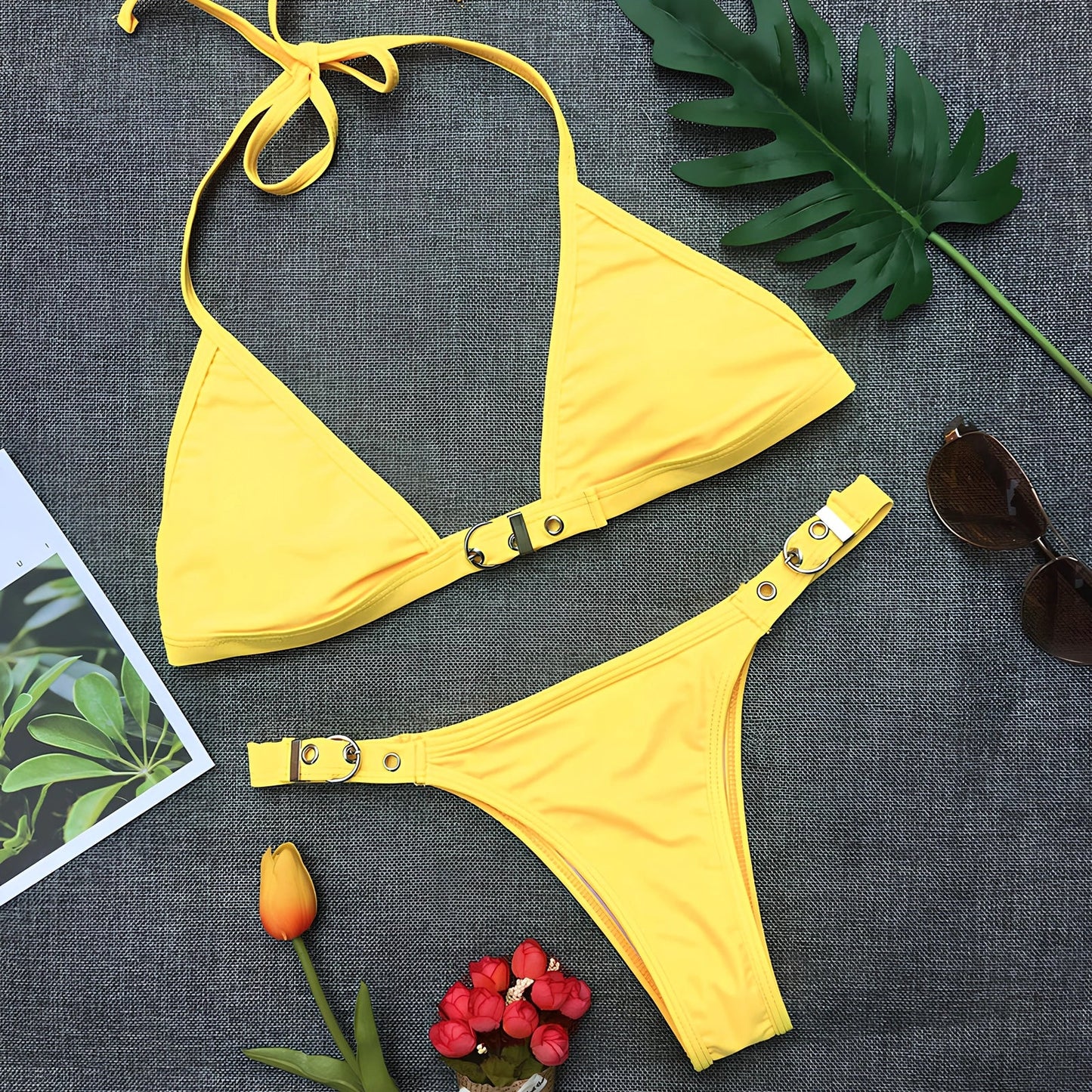 Women's black adjustable nylon bikini set with removable pads and tie straps