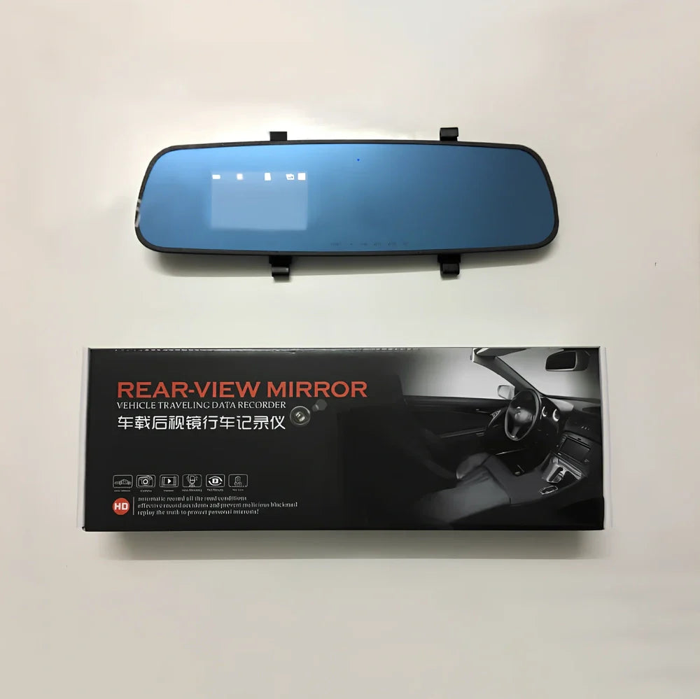 1080P HD rearview mirror driving recorder with 30cm x 8cm size, dual lenses, and motion detection display