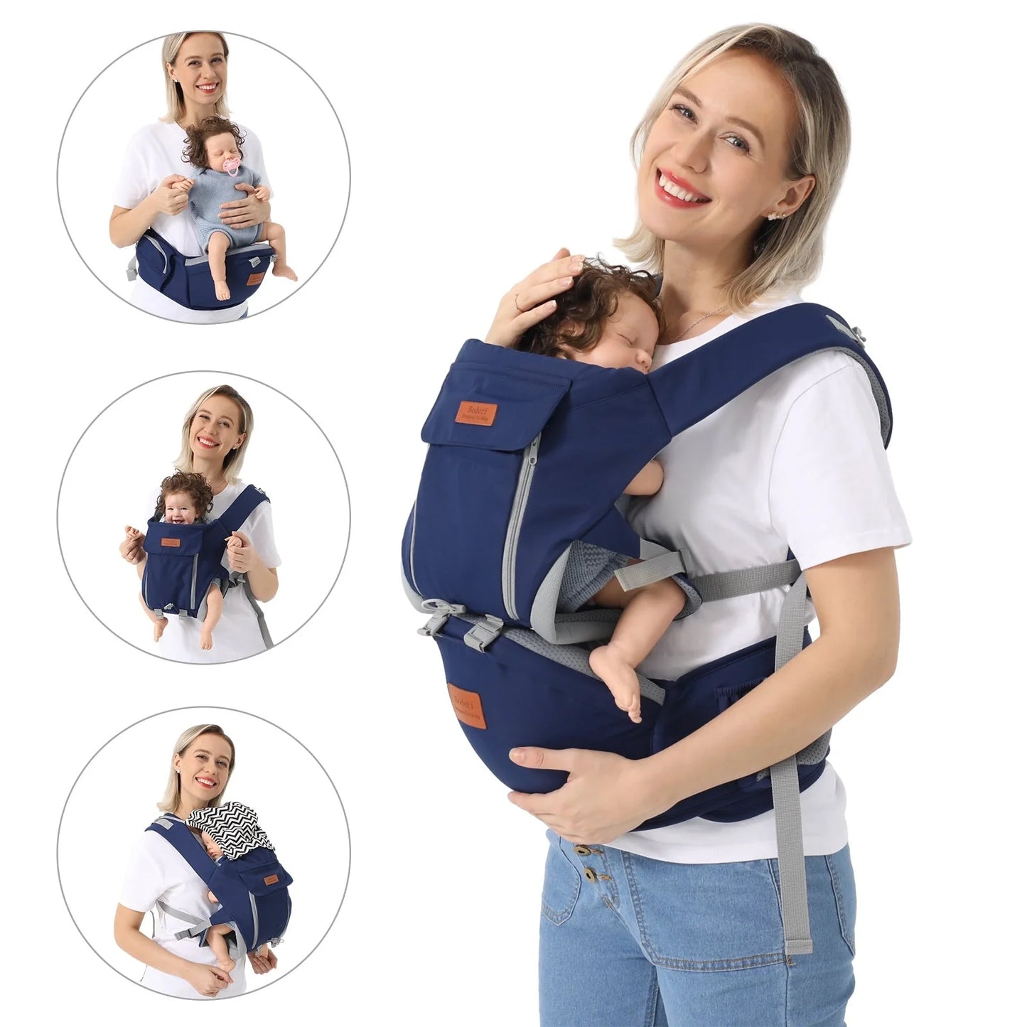 Multi-functional baby waist stool carrier in light blue, grey, and dark blue options