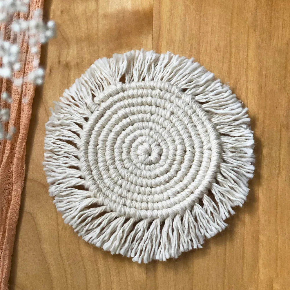 Hand-woven round beige cotton string coaster on a wooden surface, 15x15cm size option