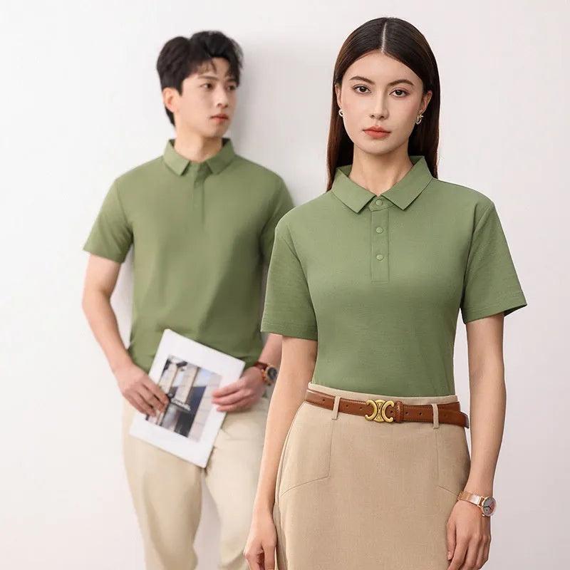 Short sleeve lapel polo shirt in a solid colour with seamless design on a hanger.
