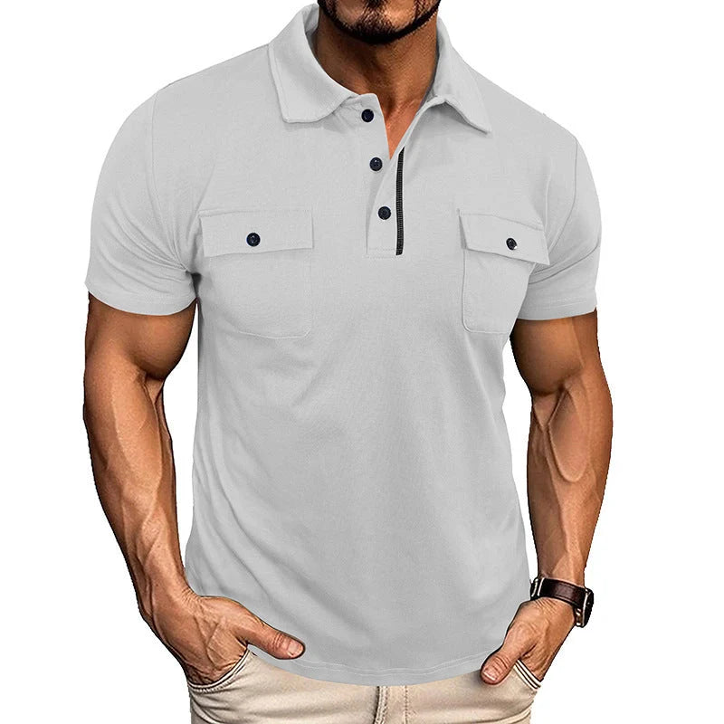 Men's summer lapel button polo shirt with pockets in various colours