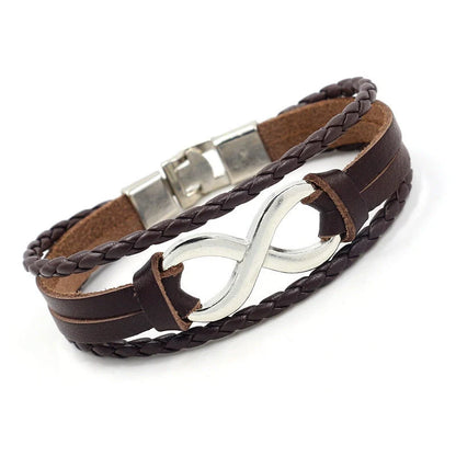 Alloy lucky figure 8 leather bracelet with adjustable leather strap and stainless steel accents