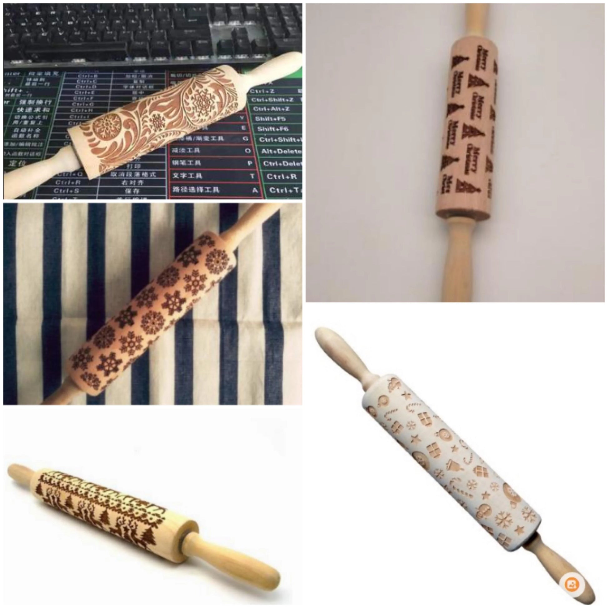 Wooden Christmas embossing rolling pin with non-stick surface for festive baking