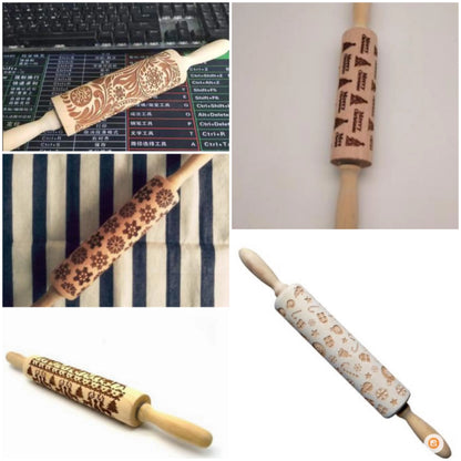 Wooden Christmas embossing rolling pin with non-stick surface for festive baking