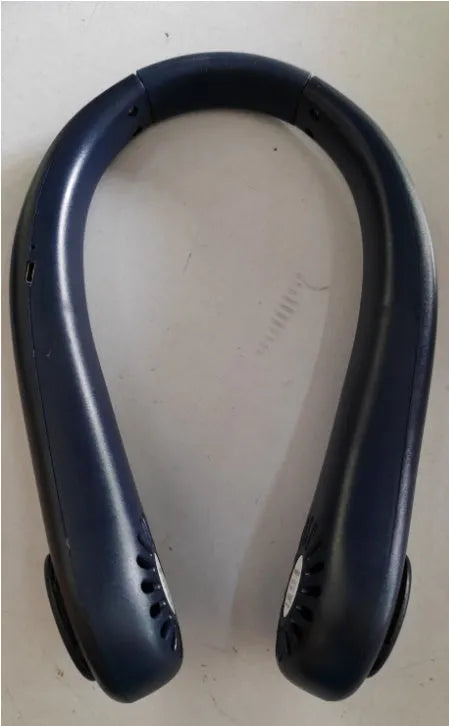 Rechargeable bladeless neck fan worn around neck showing decentralised air outlets