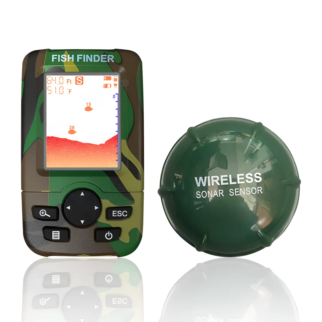 Smart wireless fish finder with 0.6-73m depth range and English interface in camouflage style