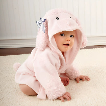 Cotton baby bathrobe with animal hood showing panda design, belt fastening, and absorbent fabric