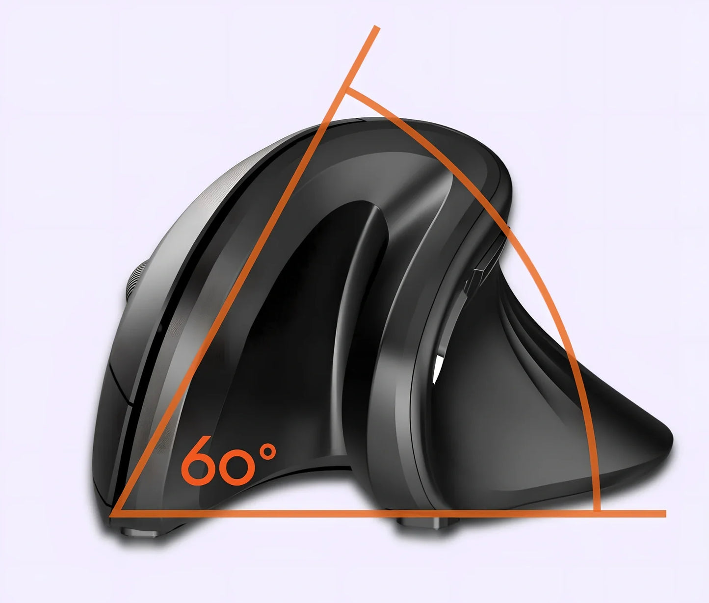 Black wireless vertical mouse with 6 buttons, ergonomic grip, and adjustable DPI display on desk surface