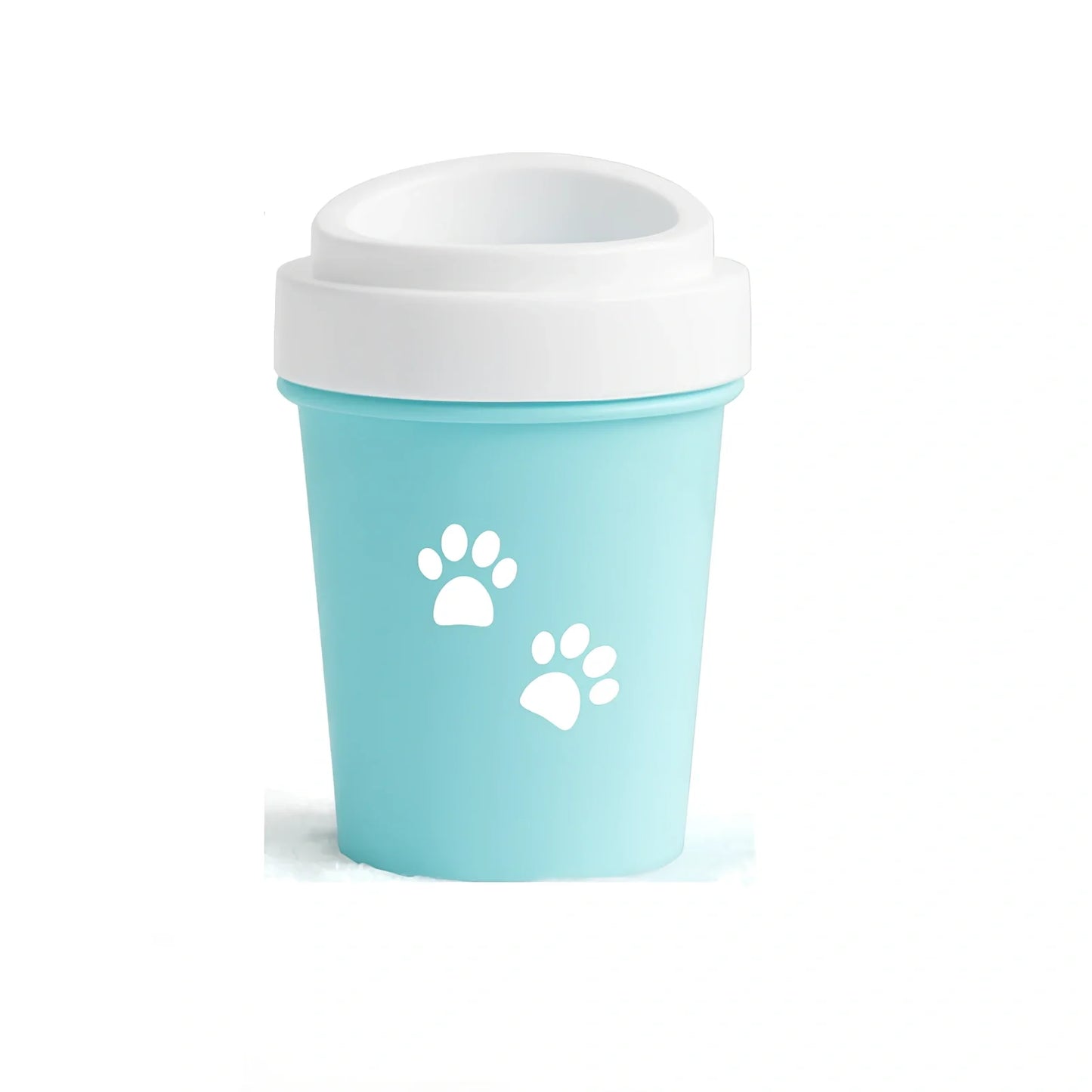 Blue silicone dog paw cleaning cup with soft bristles and stable base design