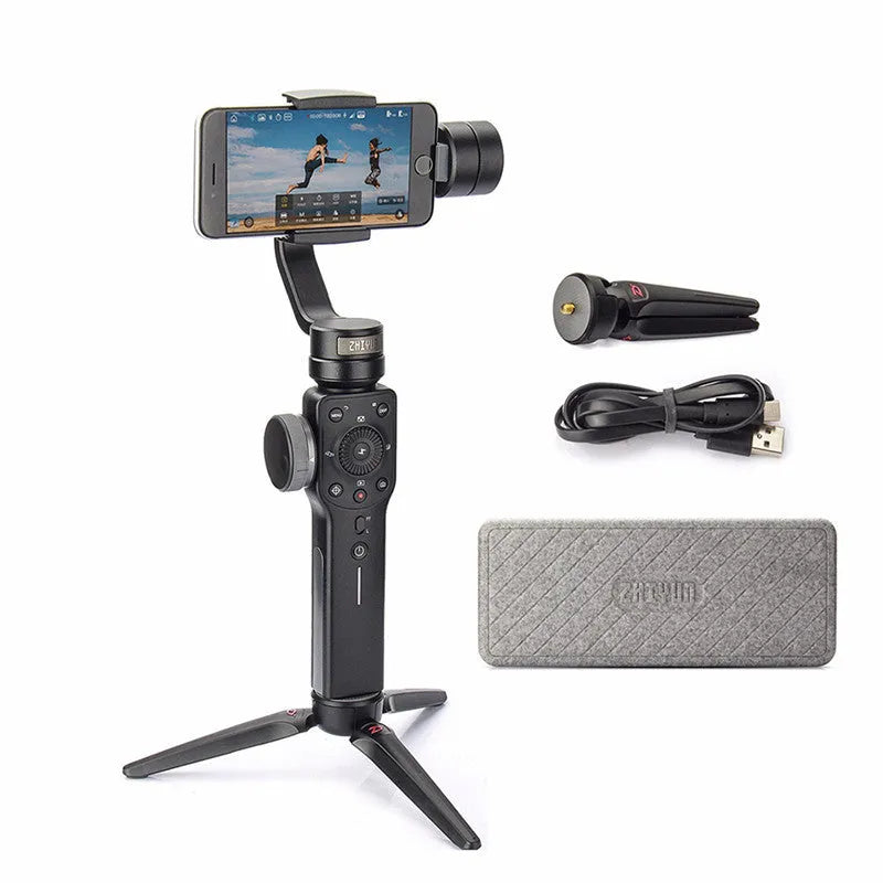 Black mobile phone shooting stabilizer handheld gimbal with smartphone mounted