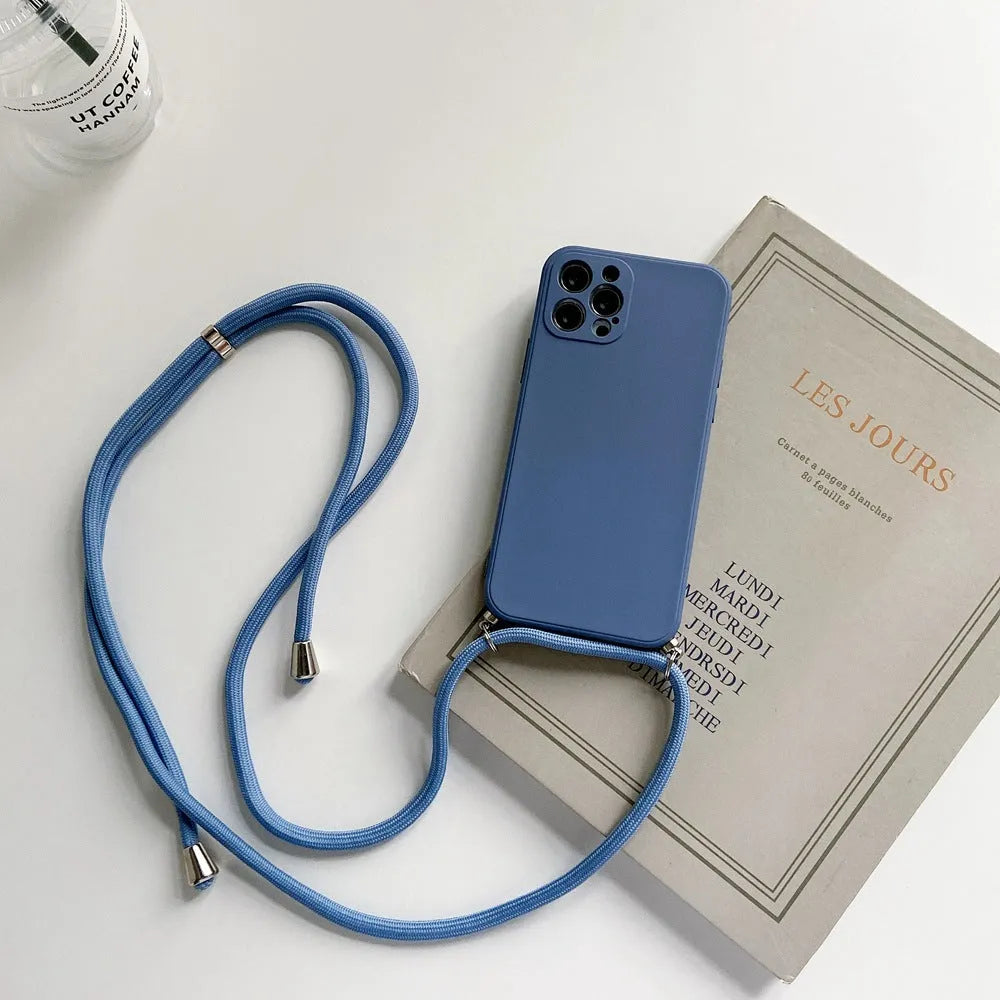 Liquid silicone phone case with hanging rope crossbody lanyard for iPhone 14 Pro Max, black