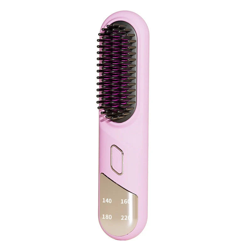 Cordless hair straightener brush in pink, black, and purple options for wet and dry hair styling