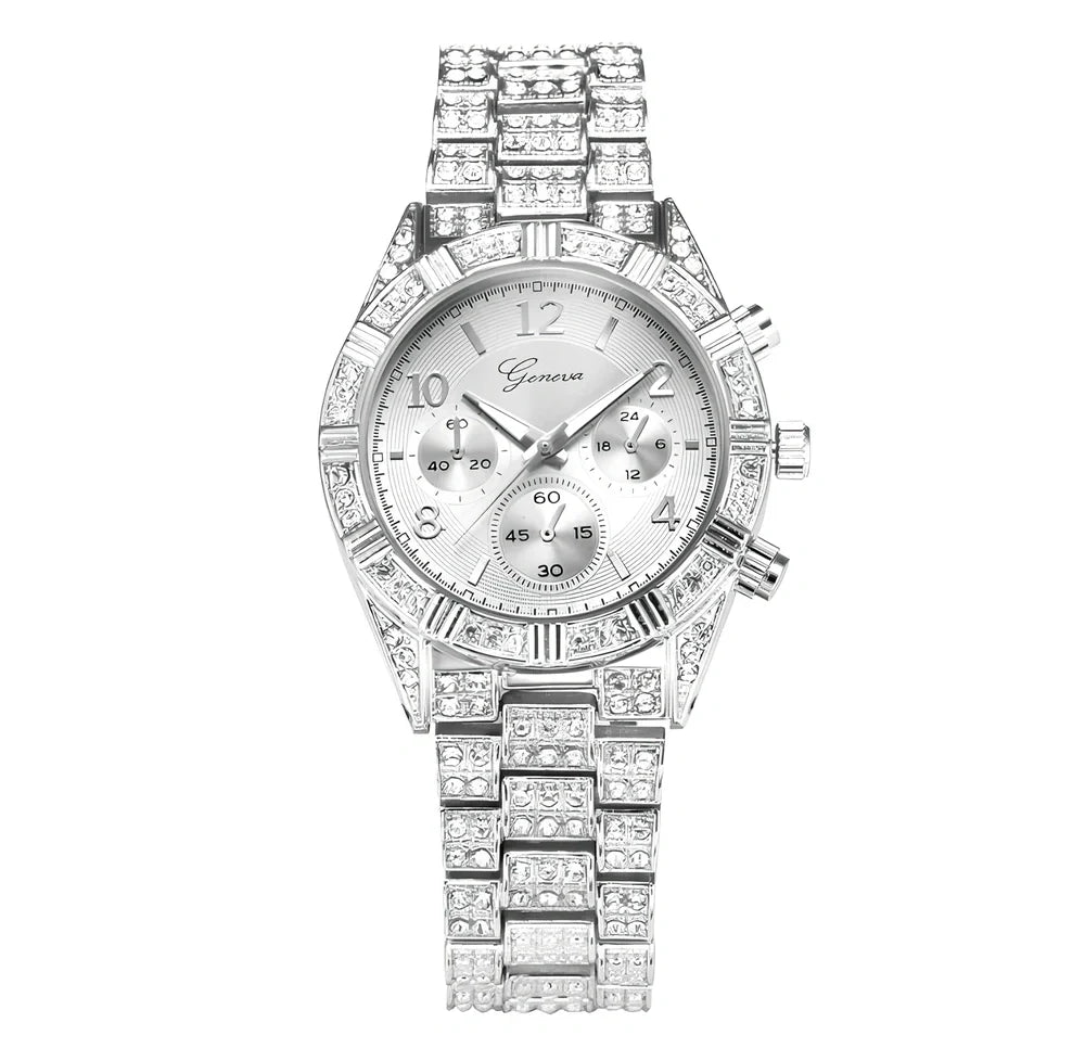 Women's gold crystal quartz analog watch with 38mm stainless steel dial and 22cm band