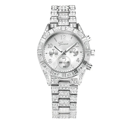 Women's gold crystal quartz analog watch with 38mm stainless steel dial and 22cm band