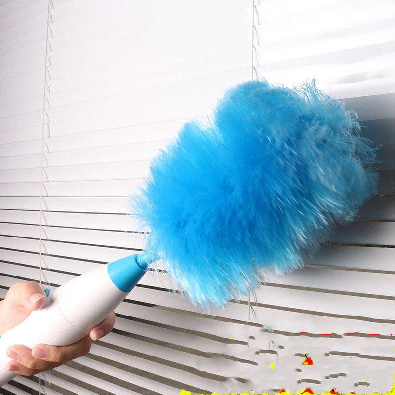 Adjustable electric feather duster with motorized feathers for effortless cleaning of furniture, blinds, and hard-to-reach areas