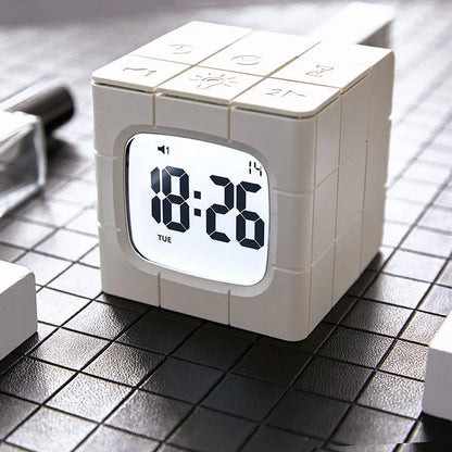 Creative Rubik's Cube Alarm Clock with USB Charging, Voice Control, and LED Night Light