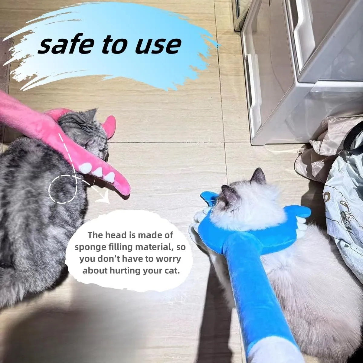 Blue plush cat wand toy with foam filling measuring 70cm length for indoor cat play